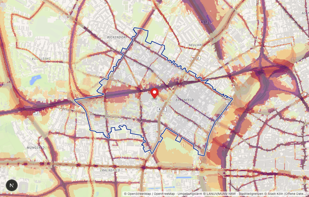 Lärmkarte Ehrenfeld am Tag (L-DEN): Straßen- und Schienenlärm